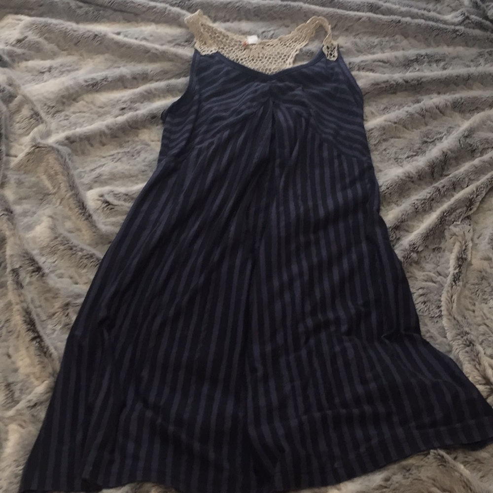 Knee length navy stripped dress with lace.